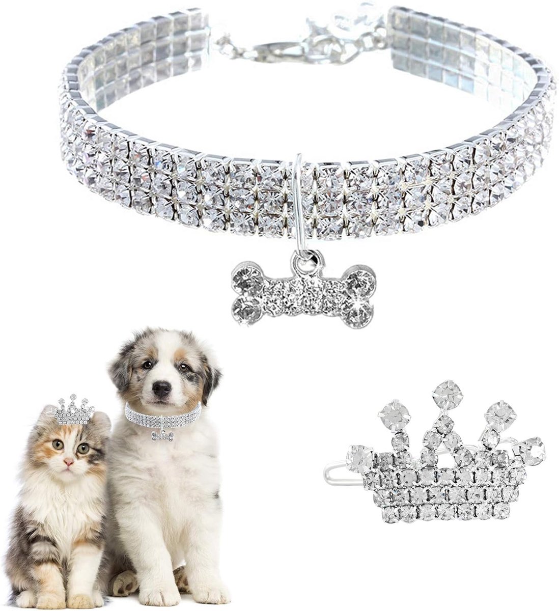 Hondenhalsband 11,8 inch - Kristallen en kroon haarclip - Luxe look voor puppy's en kittens - ShopVlot