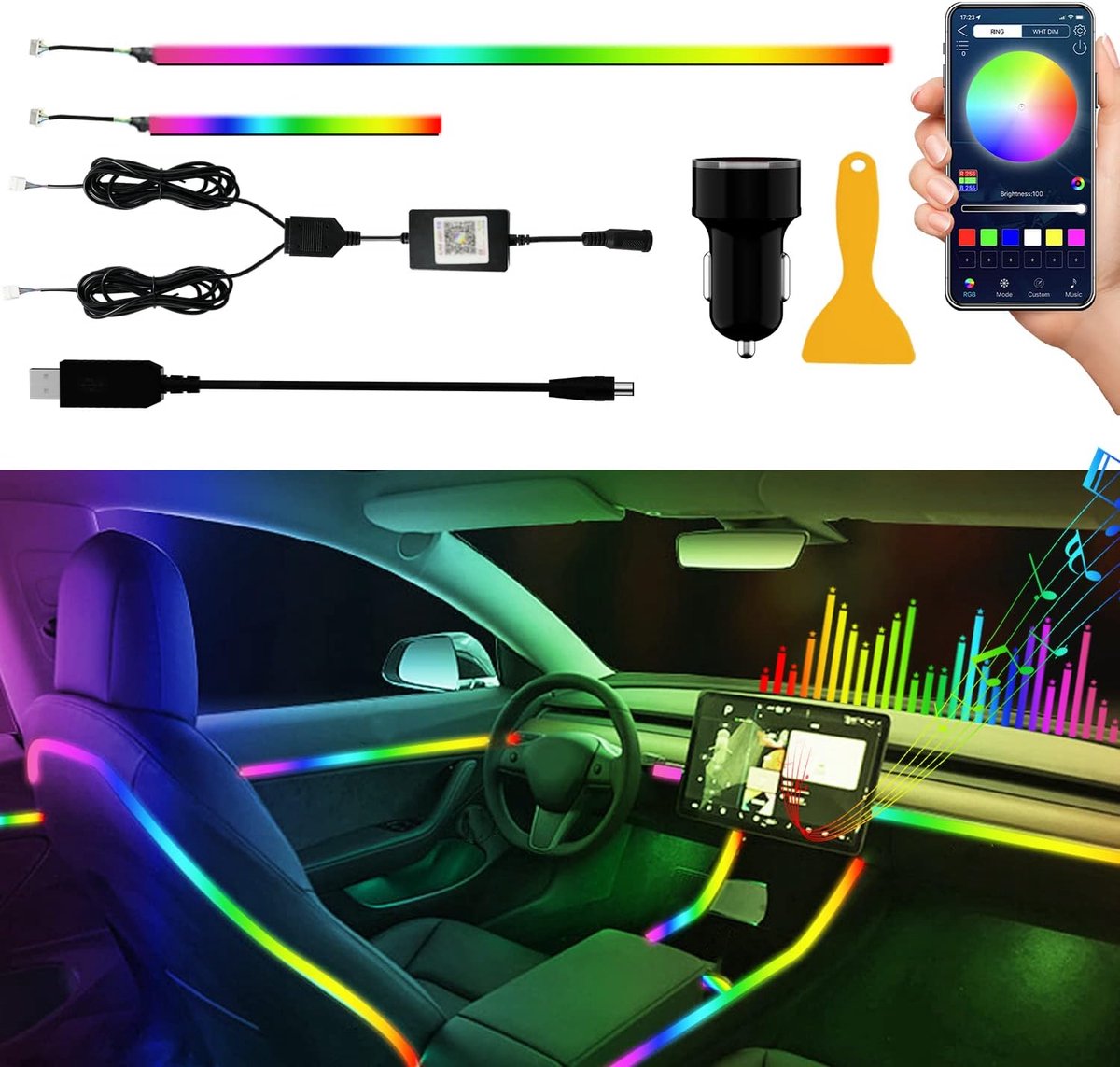 LED strip auto interieurverlichting - kleurige acryl lichtstrips - muziek synchronisatie - creëer een levendige sfeer - ShopVlot