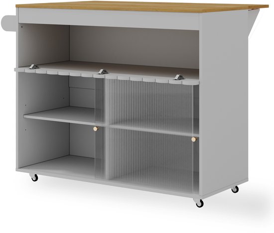 MODFU-Keuken Eilandwagen-Opklapbaar-Gehard Glas-Fineer-MDF-Grijs-122 X 46(69) X 91 Cm van modfu — afbeelding 3