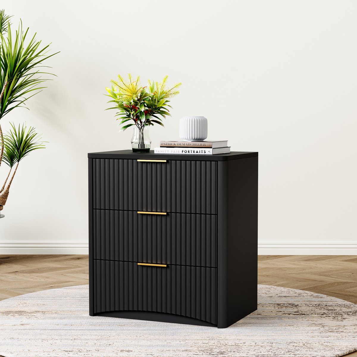 COVREO Nachttisch 58 x 38 x 64 cm zwart, MDF met 3 lades en metalen grepen