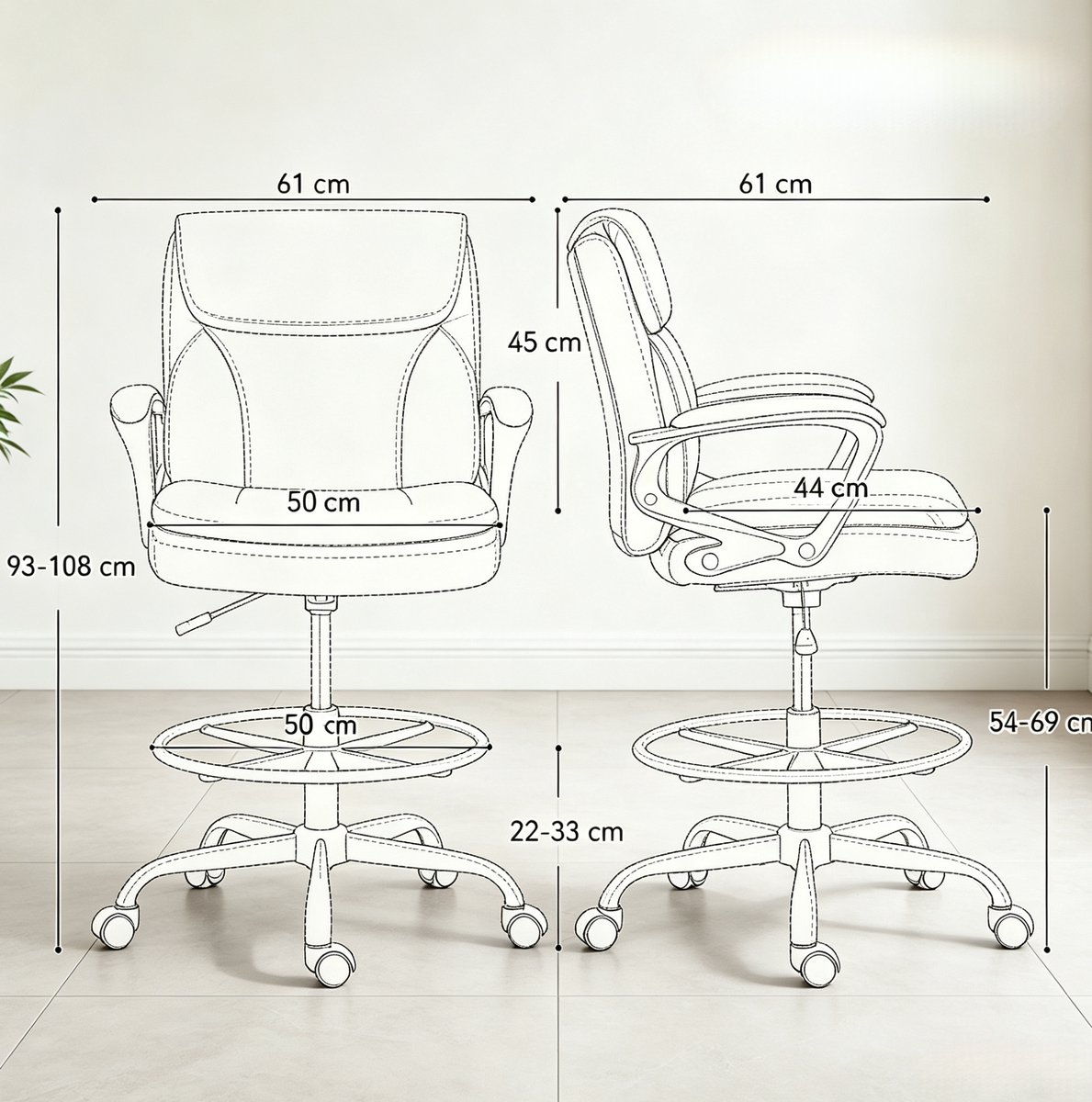 FloraGrace Bureaustoel – Verstelbare Zithoogte Met Voetring En Wielen – Ergonomisch Voor Hoog Bureau Of Balie – Kunstleerlook – Zwart