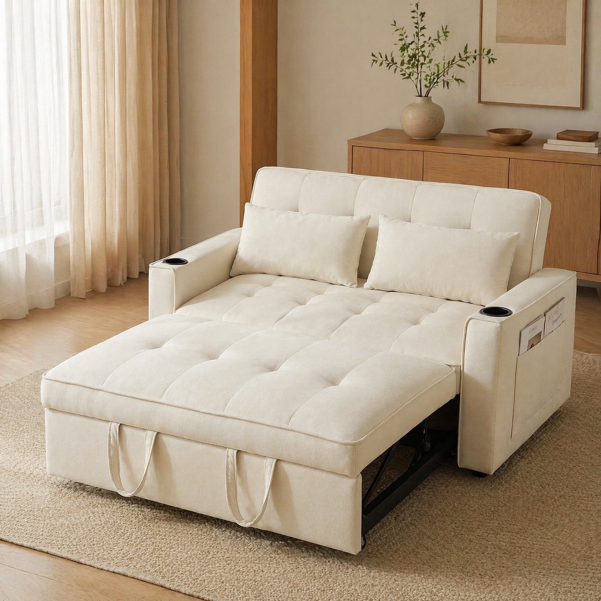 MEUNIQ slaapbank 2-zits 137 x 76,5 x 83 cm, multifunctionele bedbank met 3 rugstanden, bekerhouders, opbergvakken en 2 kussens, velvet beige voor woonkamer