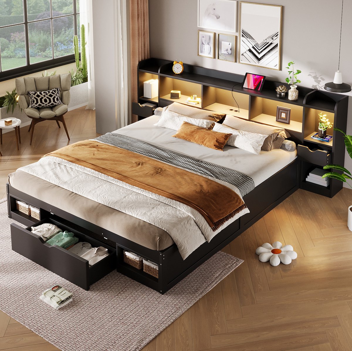 Bed 180x200 cm - Met LED-Verlichting en USB-Aansluiting - Hoofd- en Voetbord met Opbergruimte en 3 Lades - Zwart - Zonder Matras