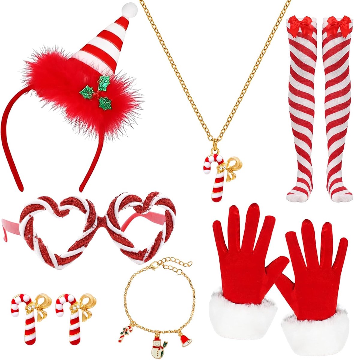 7-delig kerstkostuum dames set, suikerspin kostuum kerstvrouw kostuum met haarband volwassenen handschoenen ketting oorbellen sokken bril armband snoep kostuum kerstfeest voor carnaval cosplay
