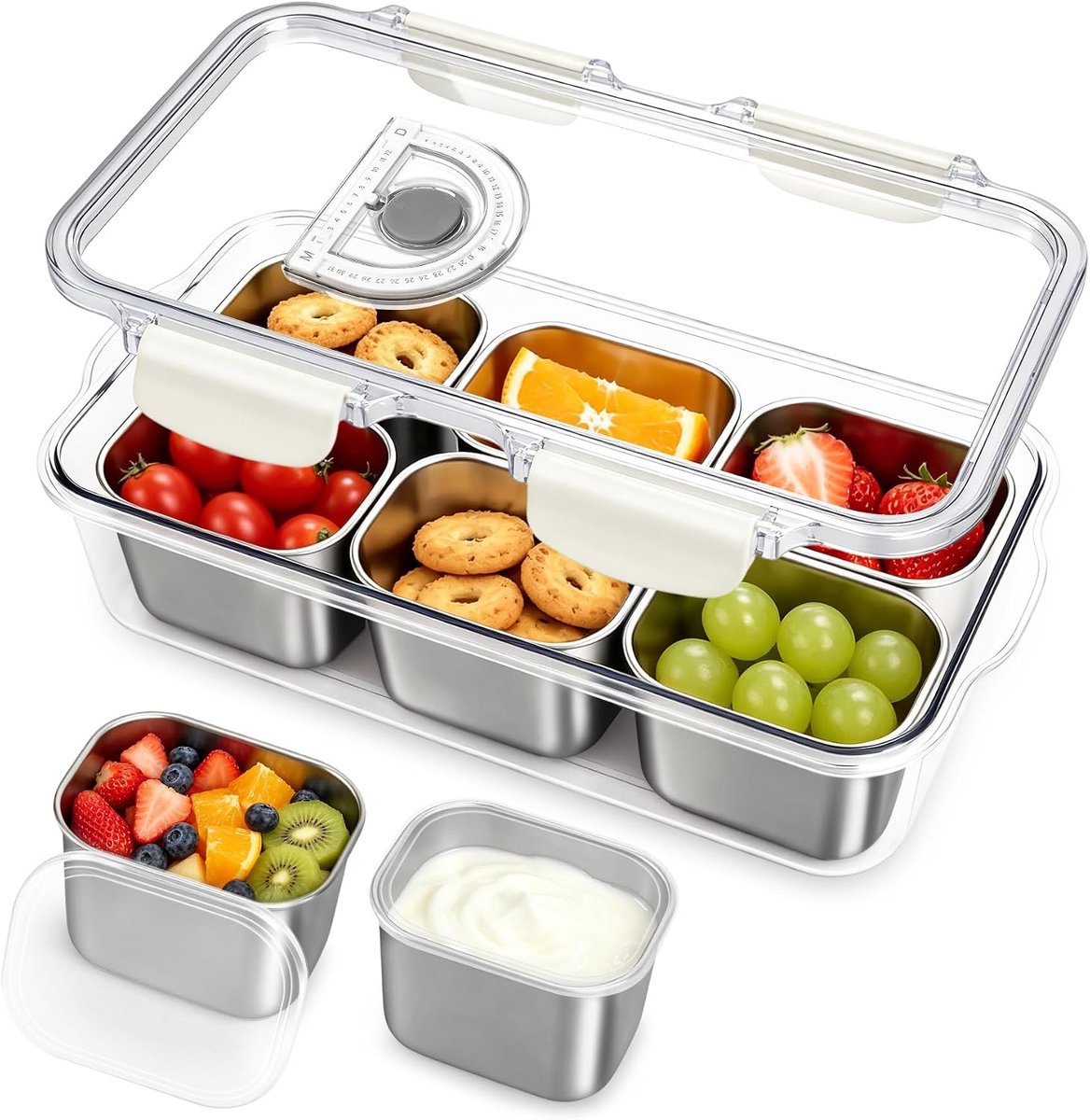 Snackbox met 6 roestvrijstalen vakken, lunchbox van roestvrij staal, broodtrommel met scheidingsvakken (6)