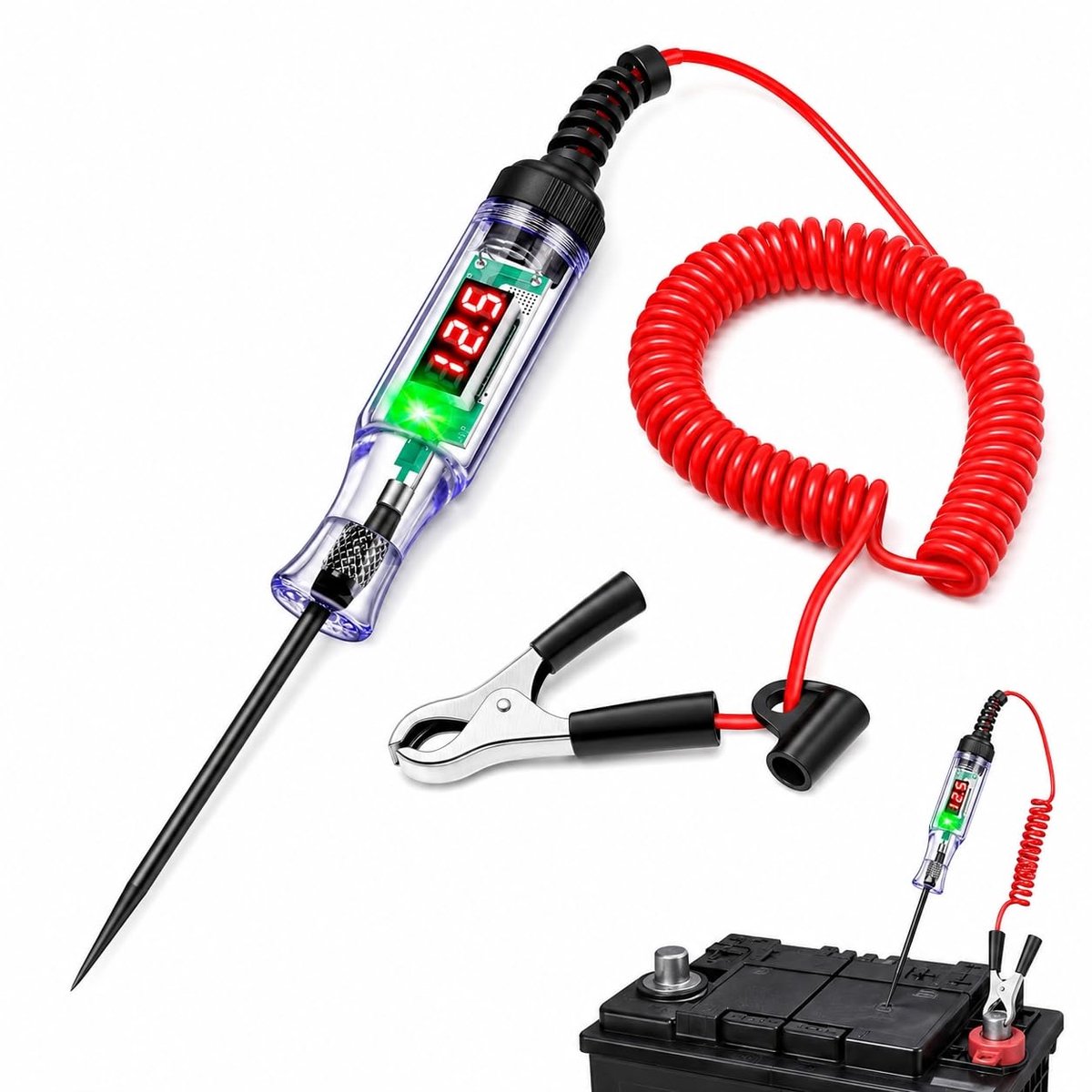 5-120 V DC autostroomtester ​ met krokodillenklem veerdraad, spanningstester met digitaal lcd-indicatielamp, geschikt voor het testen van auto's, vrachtwagens, motorfietsen, motorvoertuigen enz