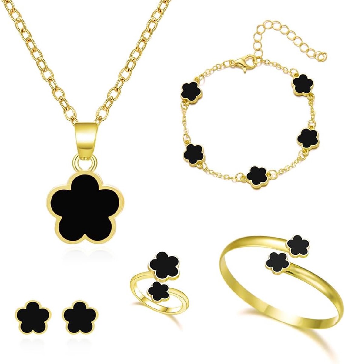 5 stuks, legering, bloem, vijf, ring, oorbellen, halsketting, armband, ideaal voor geschenken, speciale gelegenheden en vrouwen