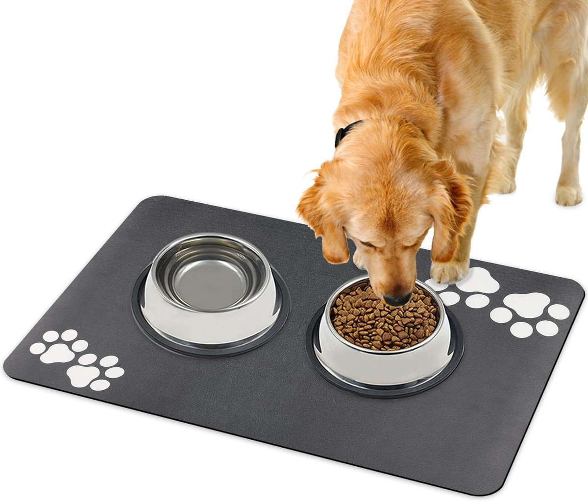 Voedingsmat voor huisdieren, super absorberende honden- en kattenvoermat met rubberen antislip bodem, sneldrogend, wasbare hondenbakmat voor vloeren van 40 x 60 cm (twee paar poten patroon -