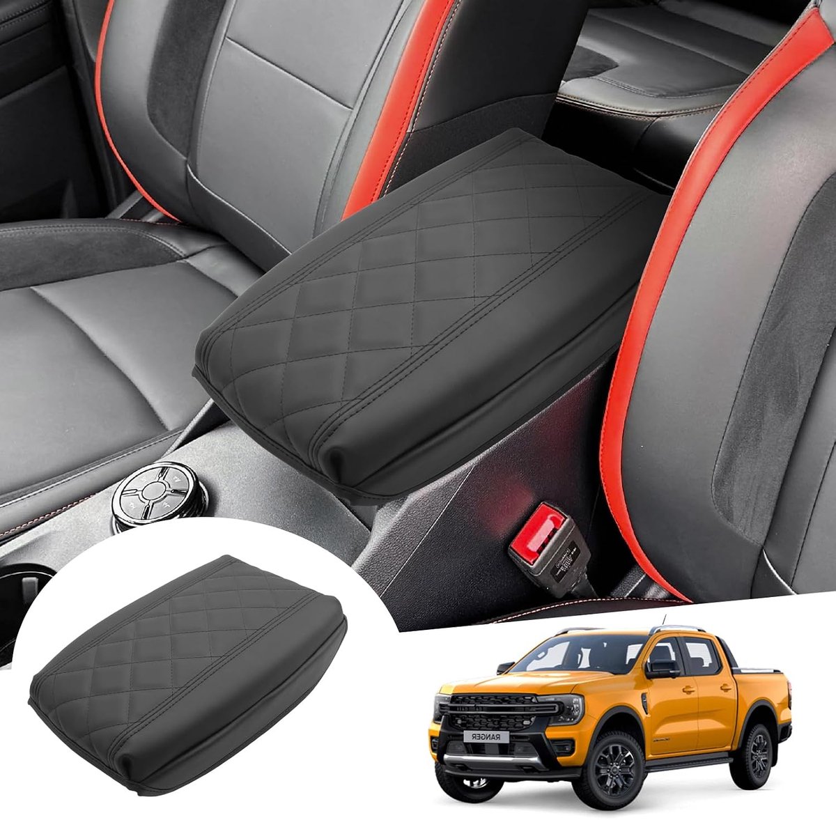 Compatibel met nieuwe Ford Ranger T9 2023 2024 2025 (elektronische rem), middenarmsteunhoes, Ranger Raptor Wildtrak middenconsole, PU-microvezelleer, 4 cm verhoogd, verdikt