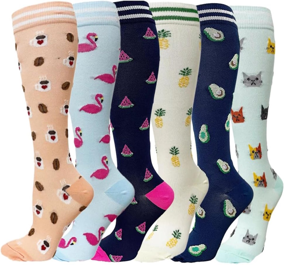 6 paar compressiekousen voor heren en dames, kleurrijke steunkousen voor sport, hardlopen, reizen, wielrennen