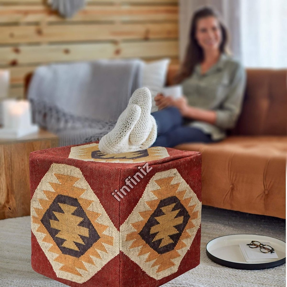 Ottoman pouf cover 18x18x18 inch - wol-jute - handgeweven - comfortabele voetsteun - SnelShoppen