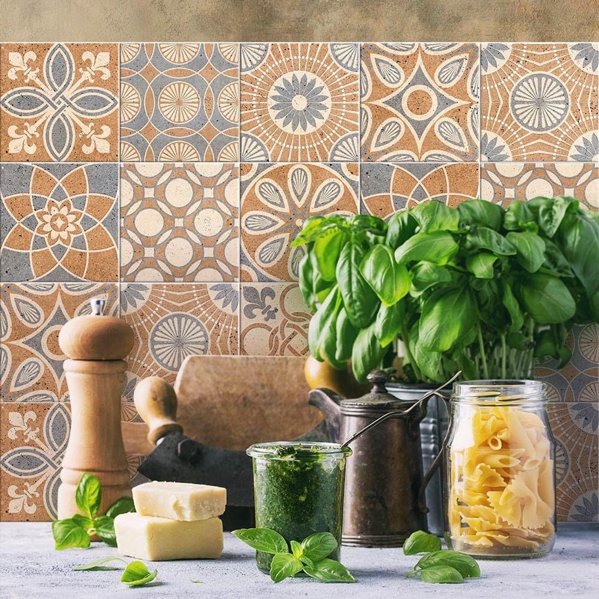 Tegelstickers Badkamer en Keuken 10 Pcs 20x20 cm - PS00148 Wanddecoratie van PVC Waterbestendig Tegels Mozaïek Cementtegels in Azulejos-stijl | PVC-materiaal, waterdicht, krasbestendig, wanddecoratie, verwijderen en opplakken, gemaakt in Italië