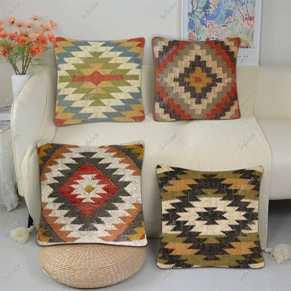 Kussenhoezen 45x45 cm - Handgeweven Wol-Jute - Etnische Kilim Motief - Perfect voor uw interieur - SnelShoppen