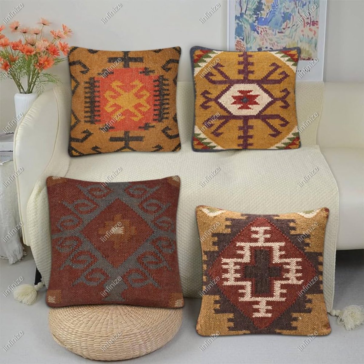 Kussenhoezen 45x45 cm - Handgeweven wol-jute - Traditioneel kilim patroon - Perfect voor decoratie - SnelShoppen