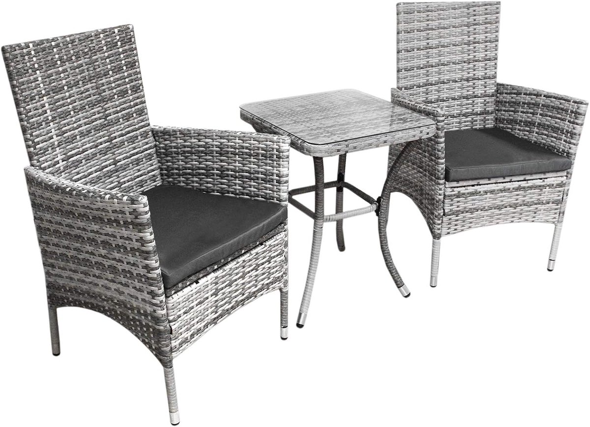 Bistroset tuinmeubilair 3 delig - lichtgrijs rattan - met glazen tafel - perfect voor balkon of patio - SnelShoppen