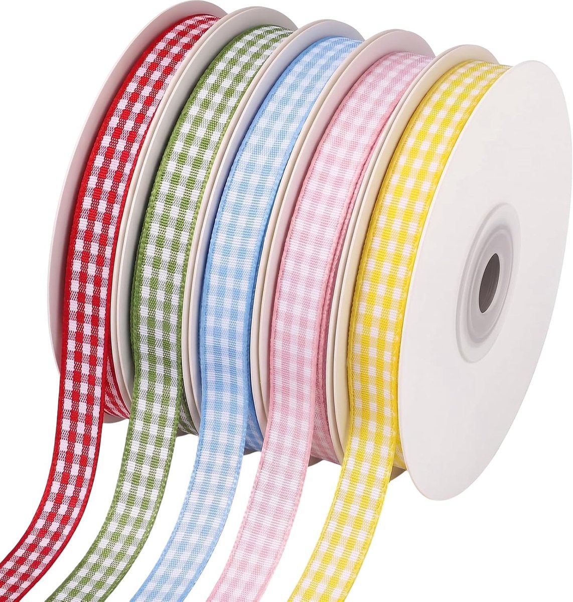 lint cadeau lint 5 rollen, geruit lint set 1 cm x 50 yards, rood roze blauw geel groen, decoratielint striklint voor cadeaus inpakken knutselen bloemen, ruit