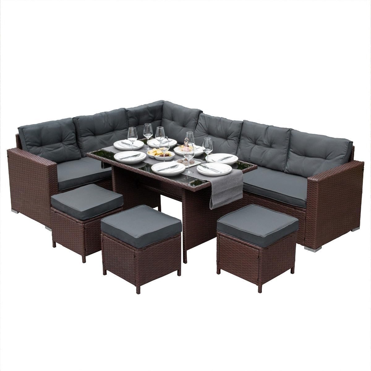Rattan Hoek Eetset Tuinmeubilair - Bruin - 9-Persoons L-vorm Sofa met Stools - Ideaal voor Zomeravonden - SnelShoppen