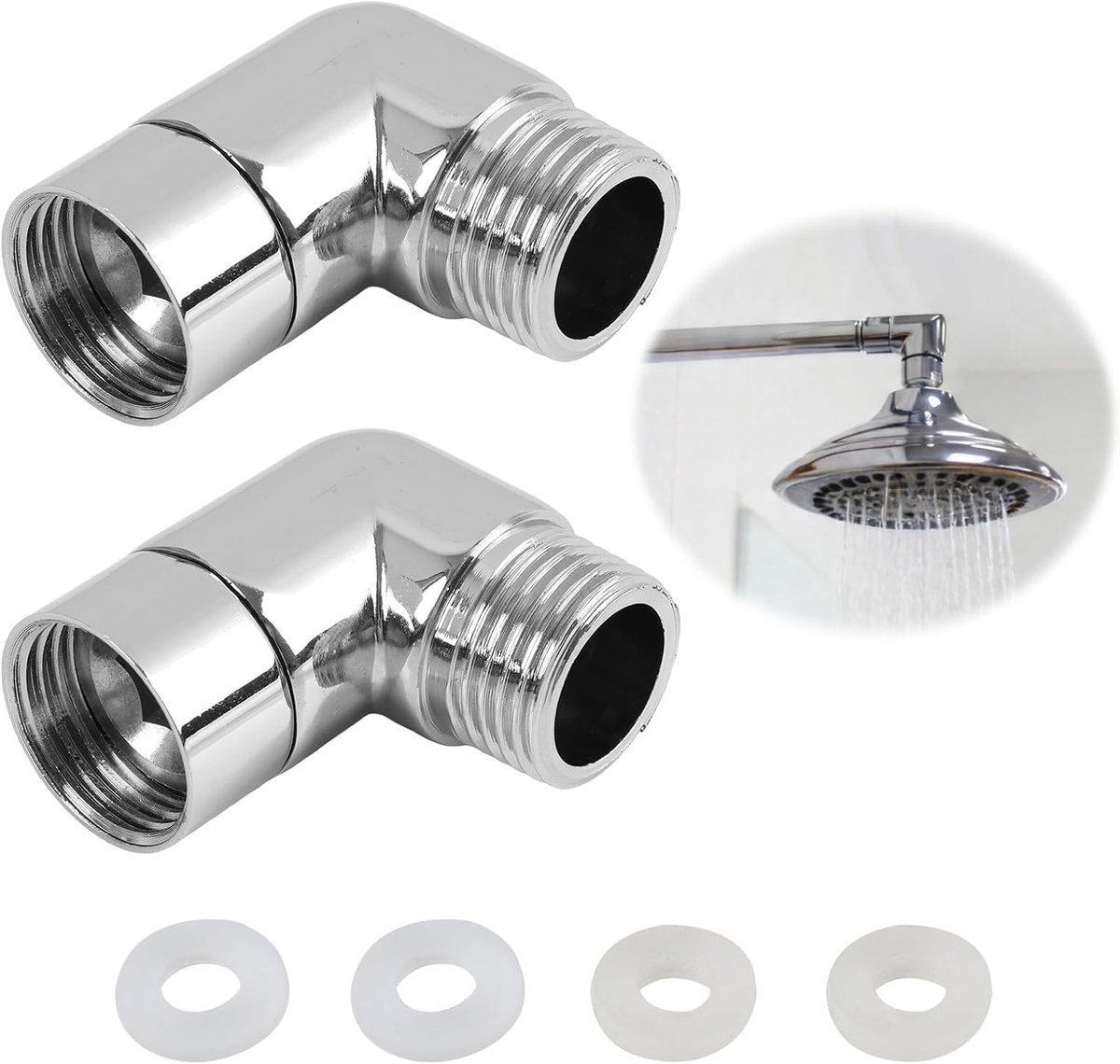 2 stuks douchekopadapter, 90 graden, messing hoekverbinding voor doucheslang met rubberen afdichting, compatibel met douchekopverbindingen, douchekraan en slangen, zilverkleurig