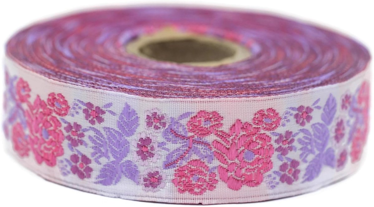 Jacquard Lint Weeft Roze en Fuchsia Geheime Tuin 10 m x 22 mm - Rollen Borduurband voor Naaien Decoratie 22097-V5