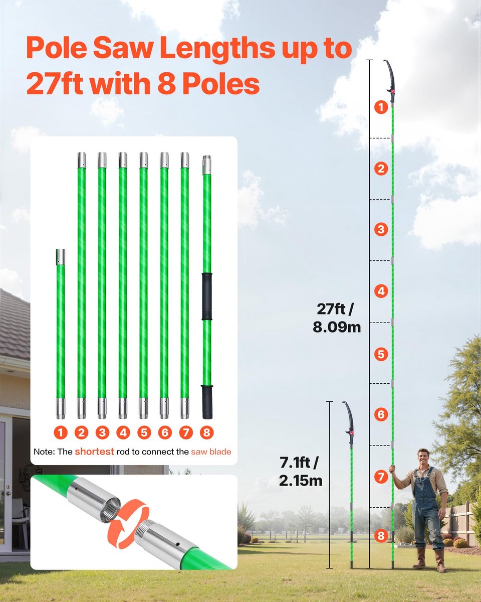 Handmatige paalzaag 1,2-8,2 m - uitschuifbaar - lichtgewicht glasvezel handvat - ideaal voor hoge snoeiwerkzaamheden - SnelShoppen