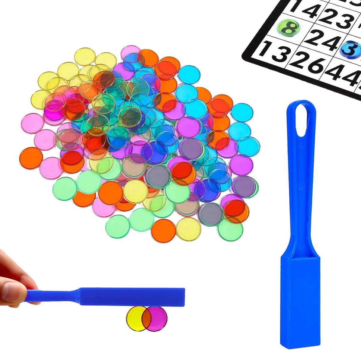 1 magnetische stick + 100 lotochips, magnetische bingo-set, magnetische bingo-sticks, bingo-spel, set van bingo-speelstenen, educatief spel voor kinderen en praktische opbergaccessoires.