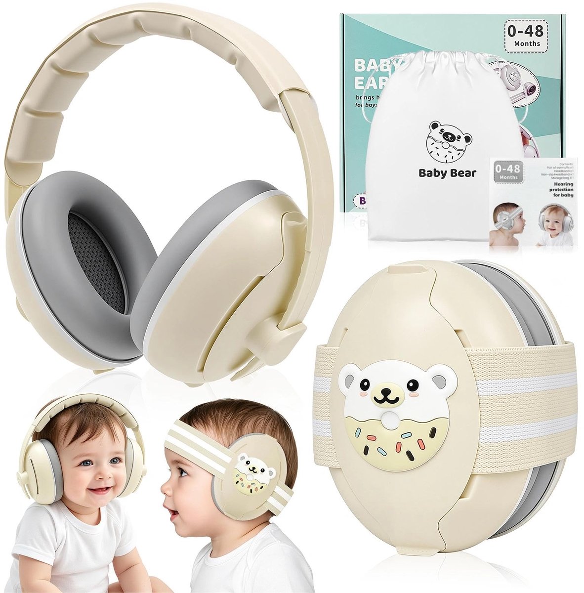 Gehoorbescherming babyhoofdtelefoon 0-4 jaar - beige - verstelbare hoofdband - veilig voor pasgeborenen - SnelShoppen