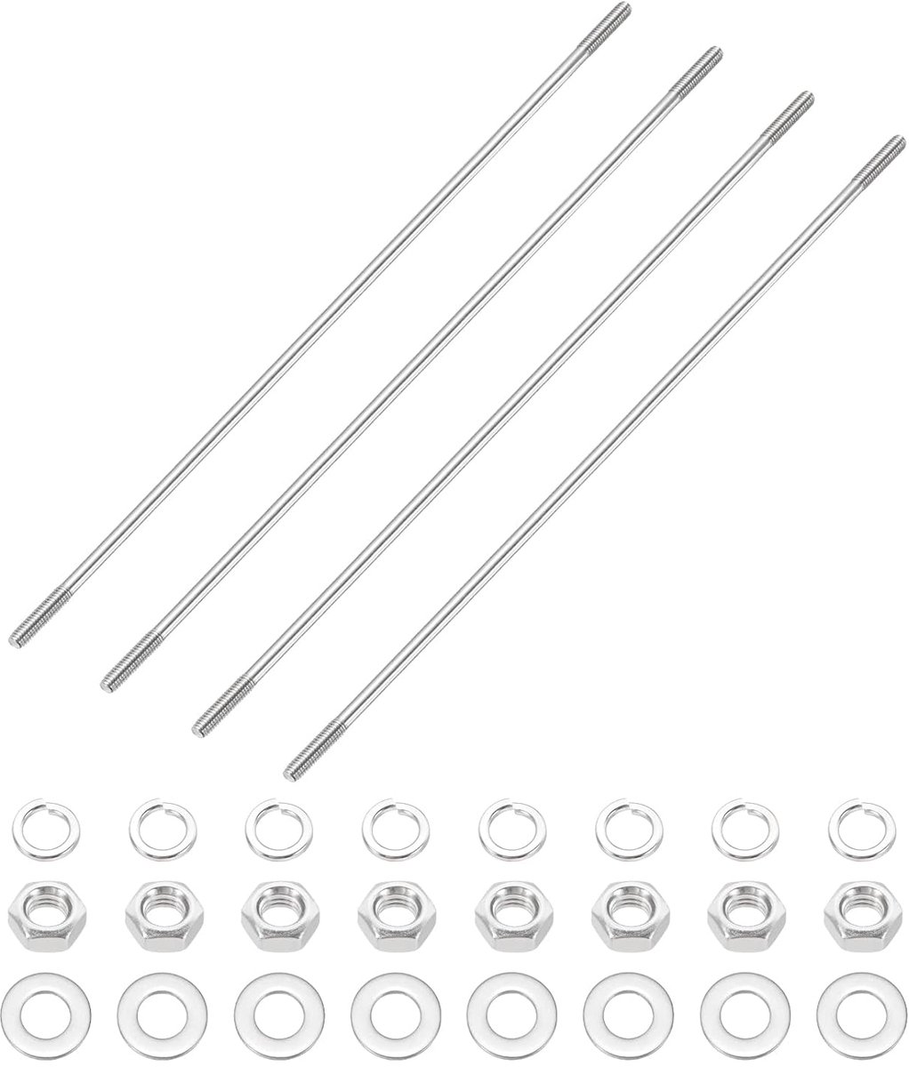 4 sets draadstangen dubbel uiteinde M4 x 200 mm, 304 roestvrij stalen stangen bouten draadstangen met moeren sluitringen voor thuis onderhoud structureel anker bevestiging schroeven