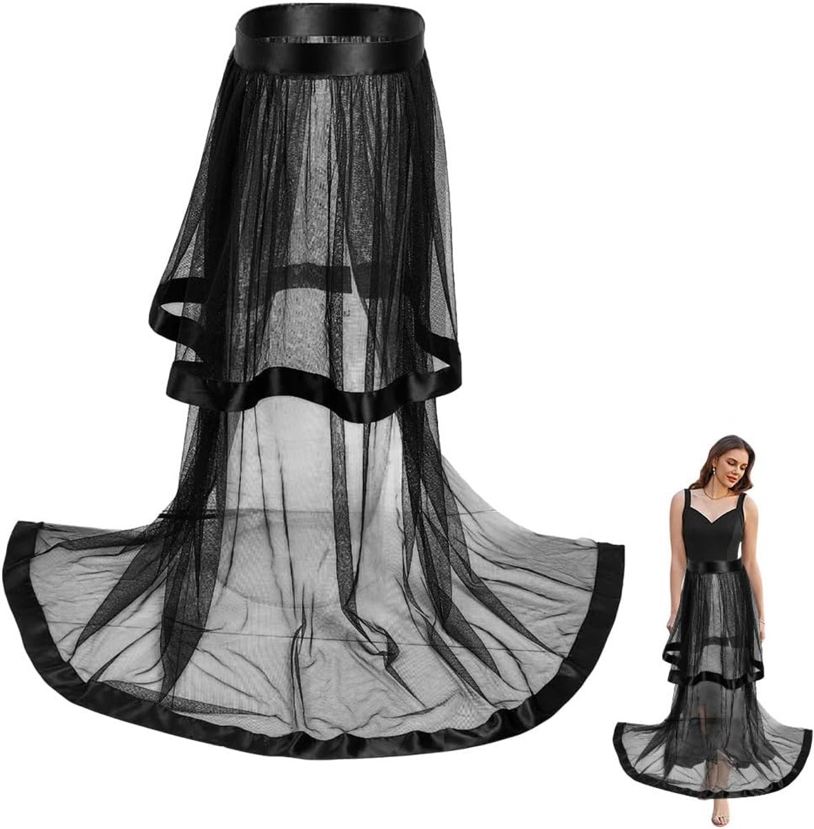 110CM Double Layers Black Tulle Skirt Long Sheer Mesh Tutu Maxi Cover up Skirts Polyester High Waist Detachable Bikini Lace Overskirt Dress for Women Wedding Rave Party Cocktail Prom