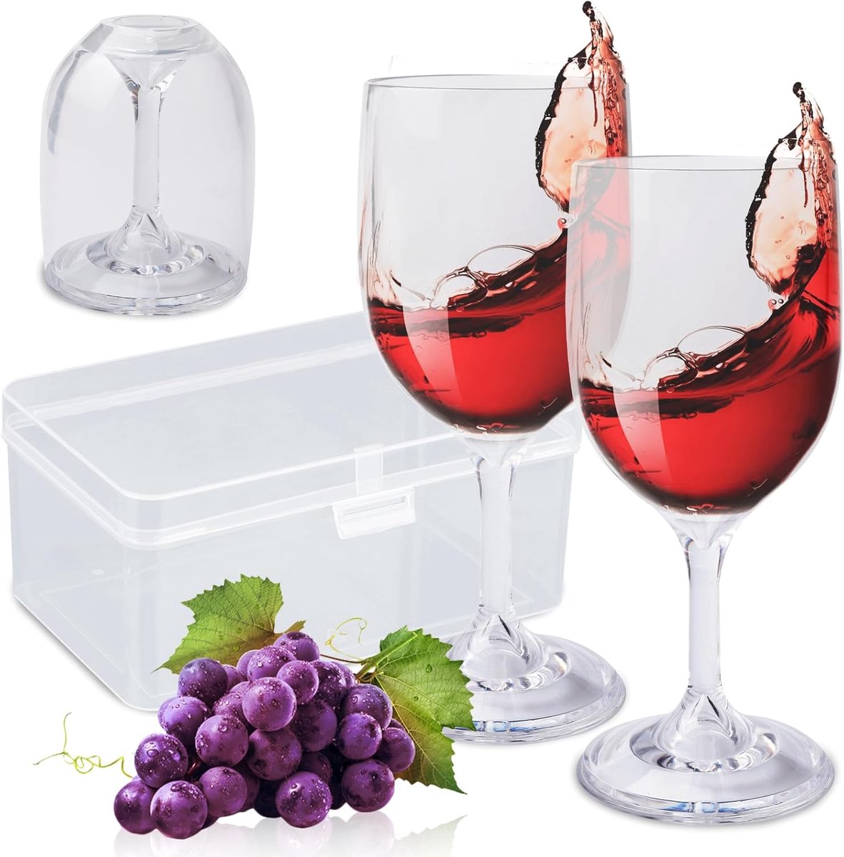 Wijnglazen kunststof to go: 2 stuks onbreekbare camping wijnglazen, opvouwbaar wijnglas met praktische doos, compact wijnglas to go voor festival, camping, picknick, rode wijnglazen