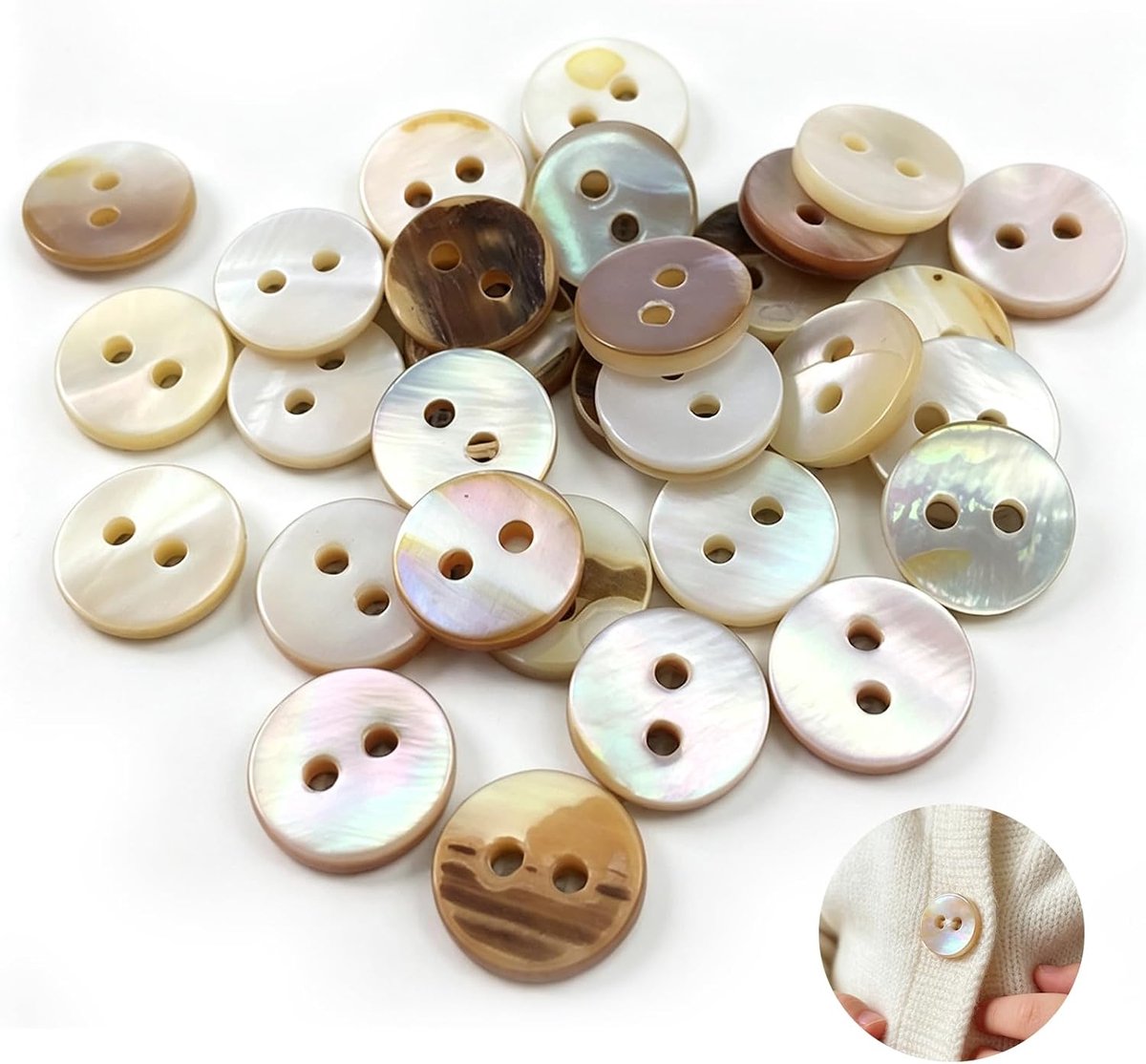 Knopen, knopen om te naaien en parelmoer, ronde modellen, 10 mm, 2 gaten voor naaien, knutselen, kleding, scrapbooking