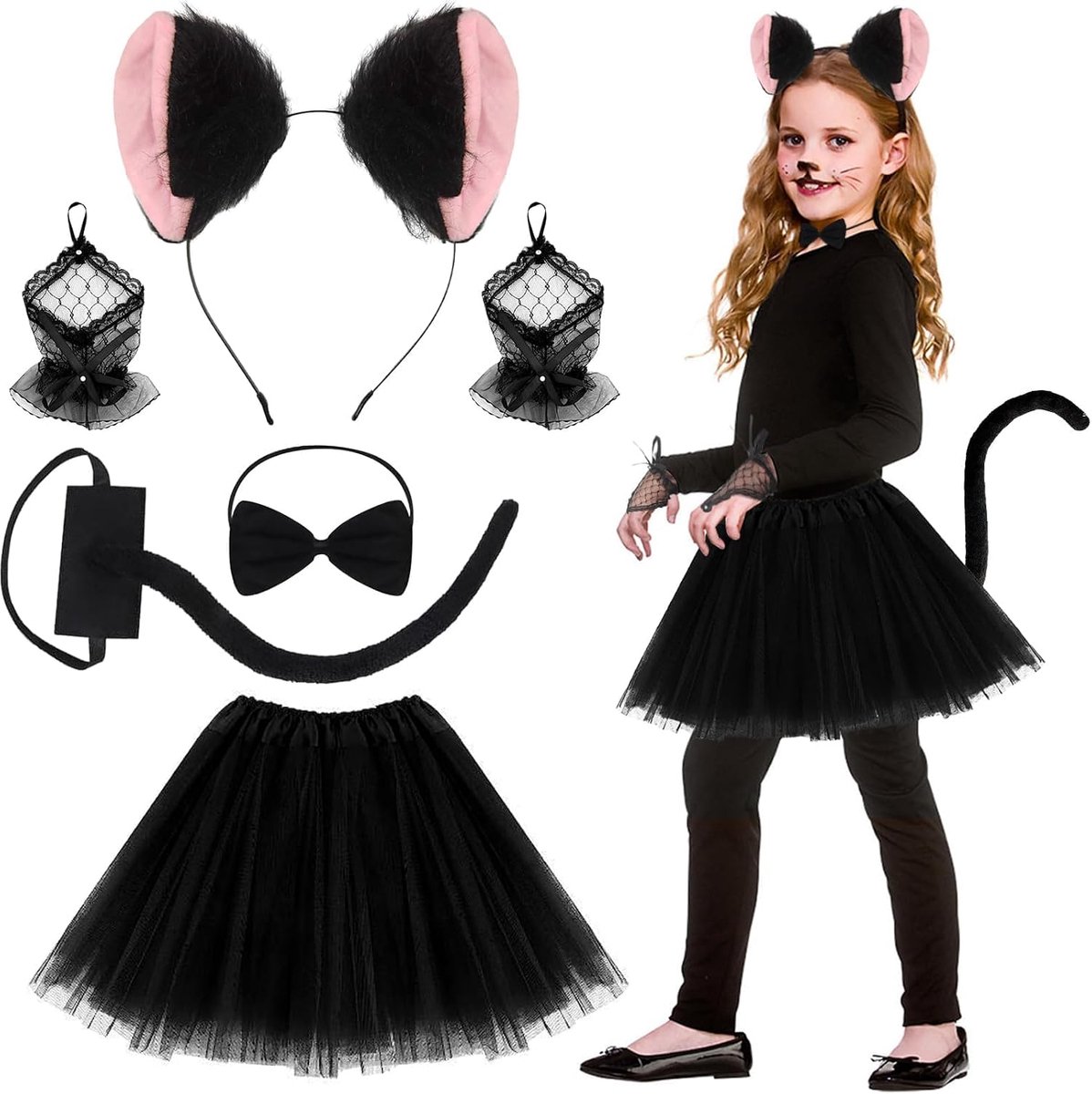 Dierenkostuum voor kinderen, carnaval, met dierenoren, vlinderdas, handschoenen, staart, cosplay, tutu