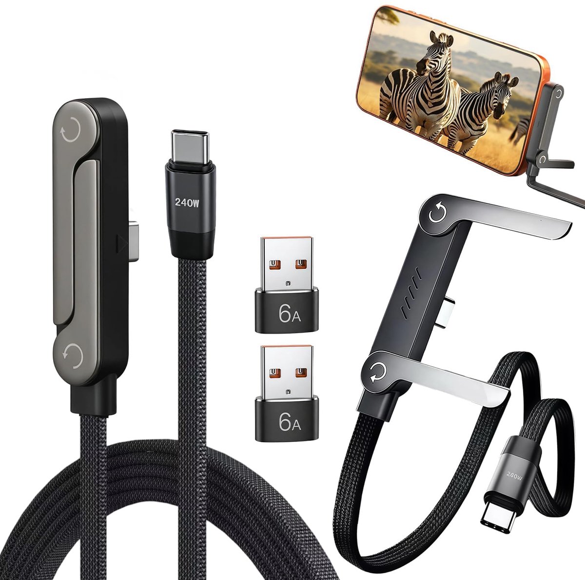 USB-C Kabel 240W 2 Stuks - 90° Snelladen - Geleverd met Standaard - Ideaal voor Telefoon - SnelShoppen