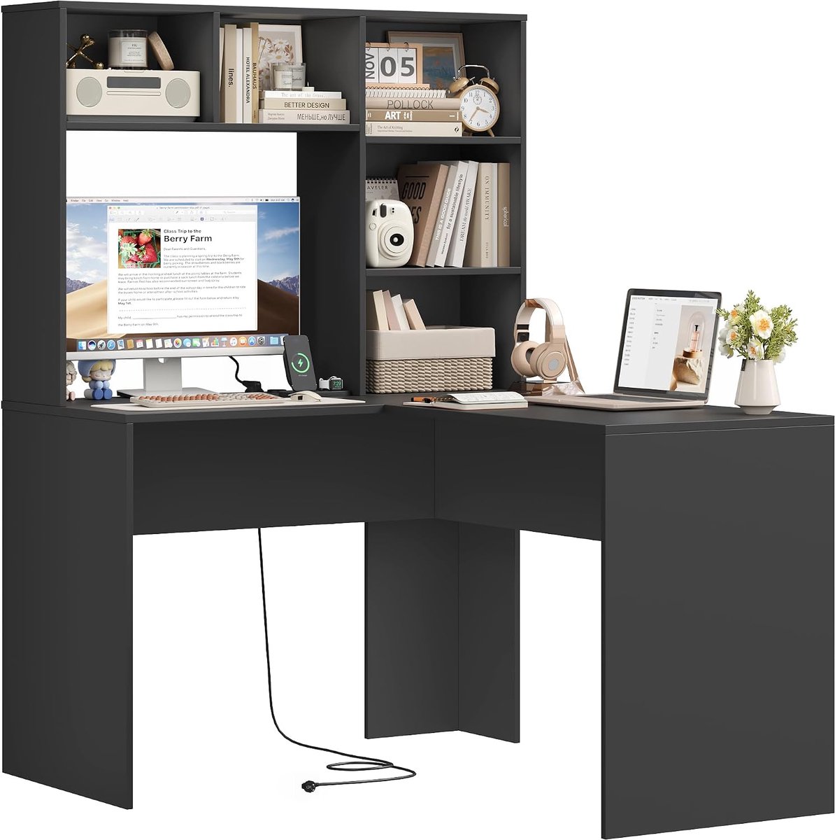 L-vormig bureau met stopcontact, computerhoekbureau met opbergplanken, studietafel, thuiswerkstation, kantoormeubilair, hout, 108 x 125 x 153 cm, zwart