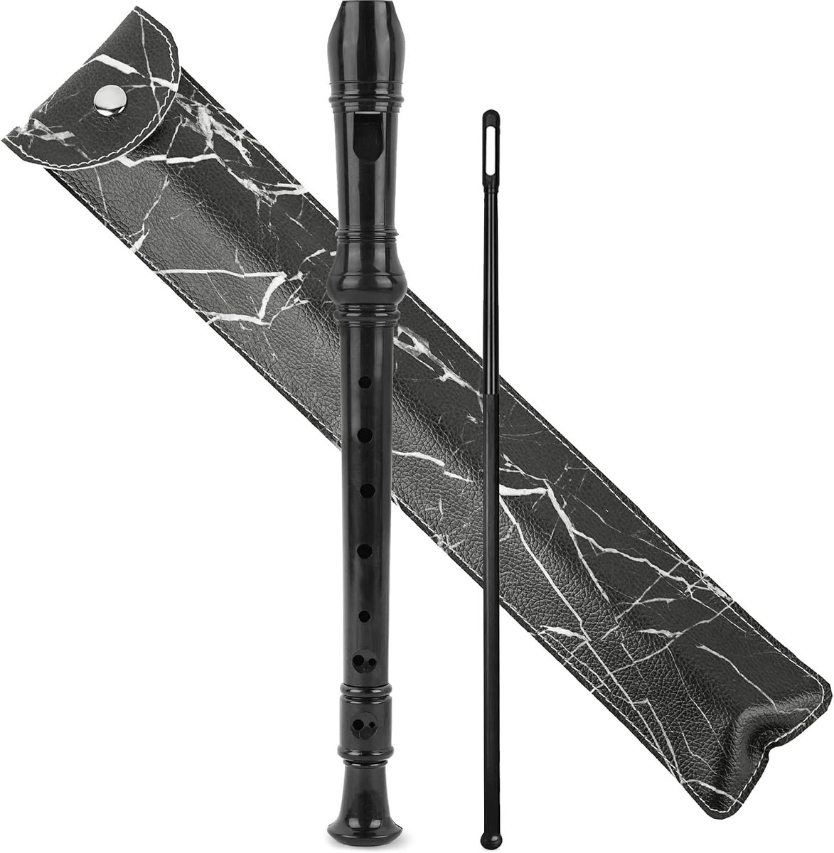 Blokfluit voor kinderen, beginners, sopraan, Duitse greep, 8-gaats fluit voor volwassenen, recorder met etui, reinigingsstift en handleiding (2-zwart marmer)