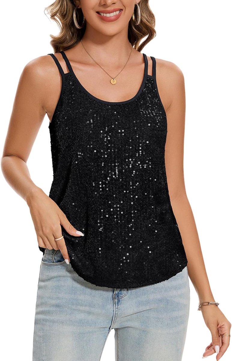 Dames tanktop glitter pailletten tuniek mouwloos spaghettibandjes blouse top festival casual ronde hals bovendeel
