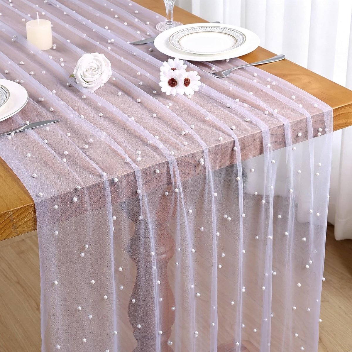 Tafelloper, tule parels 75 x 300 cm, tafelloper bruiloft, kaasdoek, tafelkleed, kant, stof, tafelband voor bruidsfeest, verjaardag, feest, keuken, tafeldecoratie (paars, 75 x 300 cm, 1 stuks)