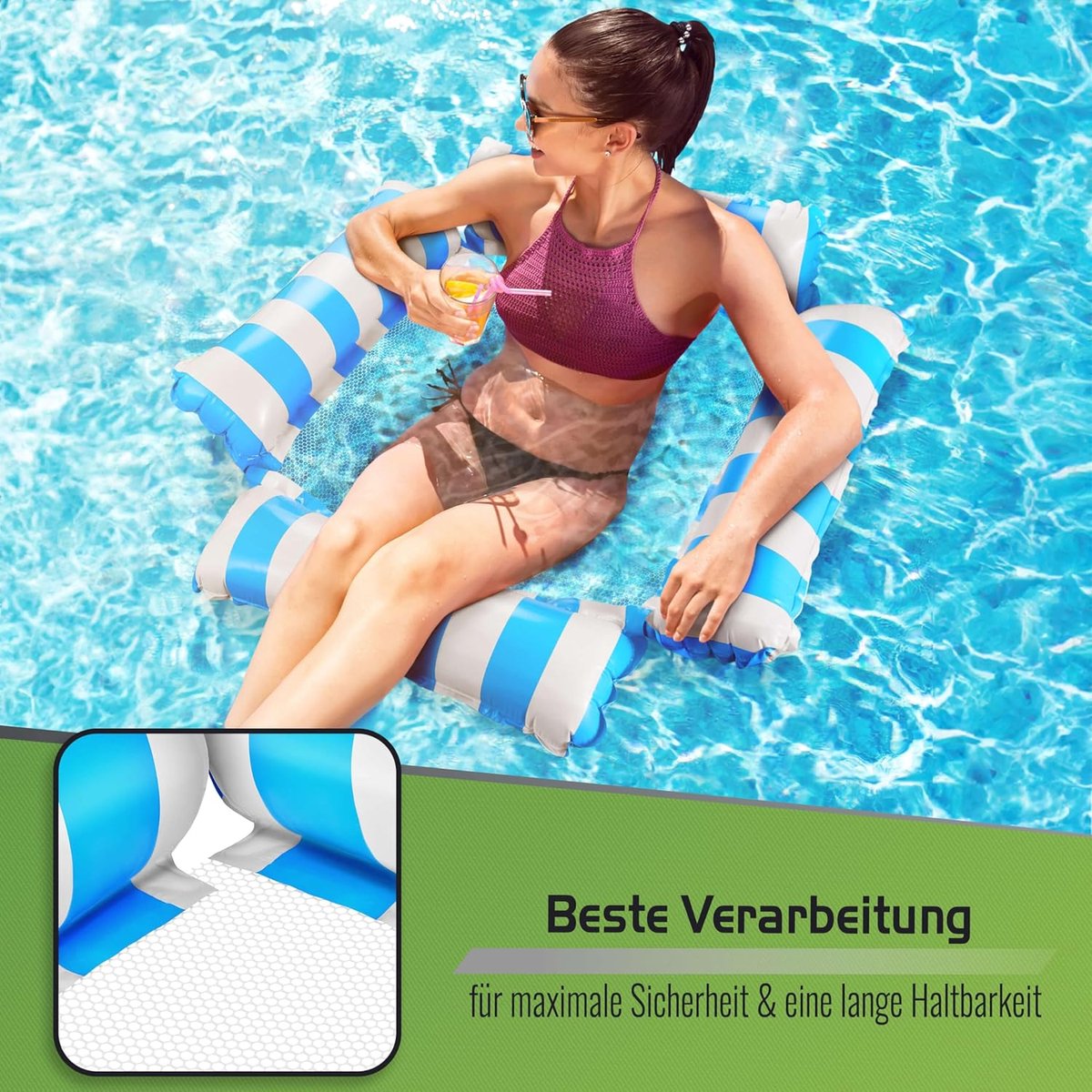 Opblaasbaar matras met net - waterhangmat met 4 luchtkamers - ideaal voor ontspanning in het zwembad - SnelShoppen