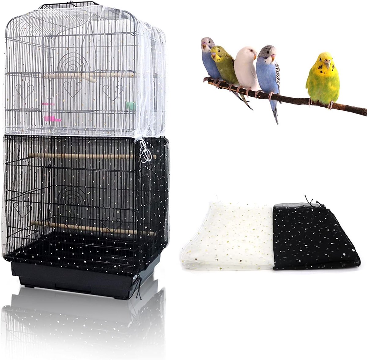 2 stuks verstelbare vogelkooihoes, opgewaardeerd luchtig nylon gaas papegaaiennet met pailletten, universele zaadverenvanger, zachte vogelkooihoes, transparante beschermer voor parkiet ara