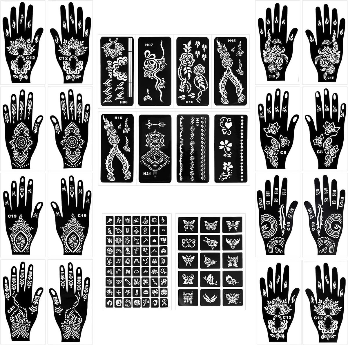 2 x A4-vellen, 8 handmotieven en 8 kleine sjablonen, stickers voor handen, tijdelijke tattoosjablonen, eenvoudig te gebruiken voor vrouwen en kinderen