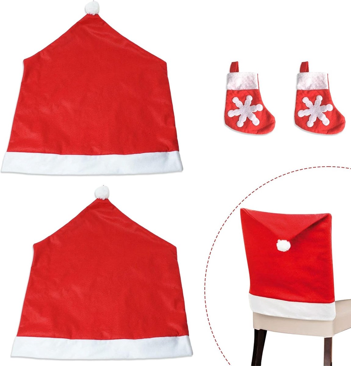 4 stoelhoezen voor kerstman + 4 bestreksokken | tafeldecoratie voor Kerstmis, complete set voor feestelijk diner