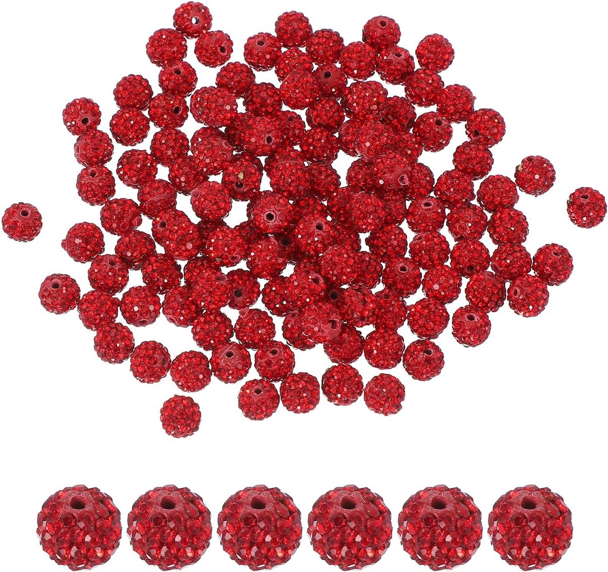 Kralen voor het maken van sieraden, 10 mm glanzende ronde disco bal kralen fonkelende kristallen klei kralen met gat voor armband ketting doe-het-zelf knutselen, rood
