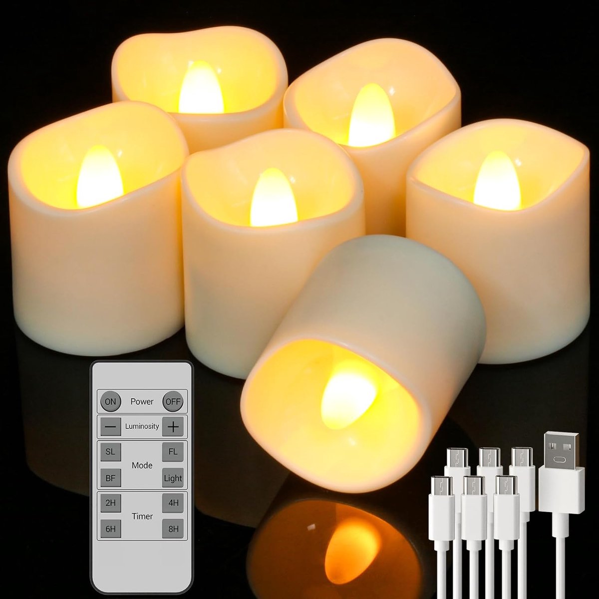Vlamloze oplaadbare kaarsen met afstandsbediening, set van 6 led-flikkerende theelichtjes met USB-kabel, automatische uitschakeltimer, batterijtheelichtjes, kaarsen, lang brandend voor