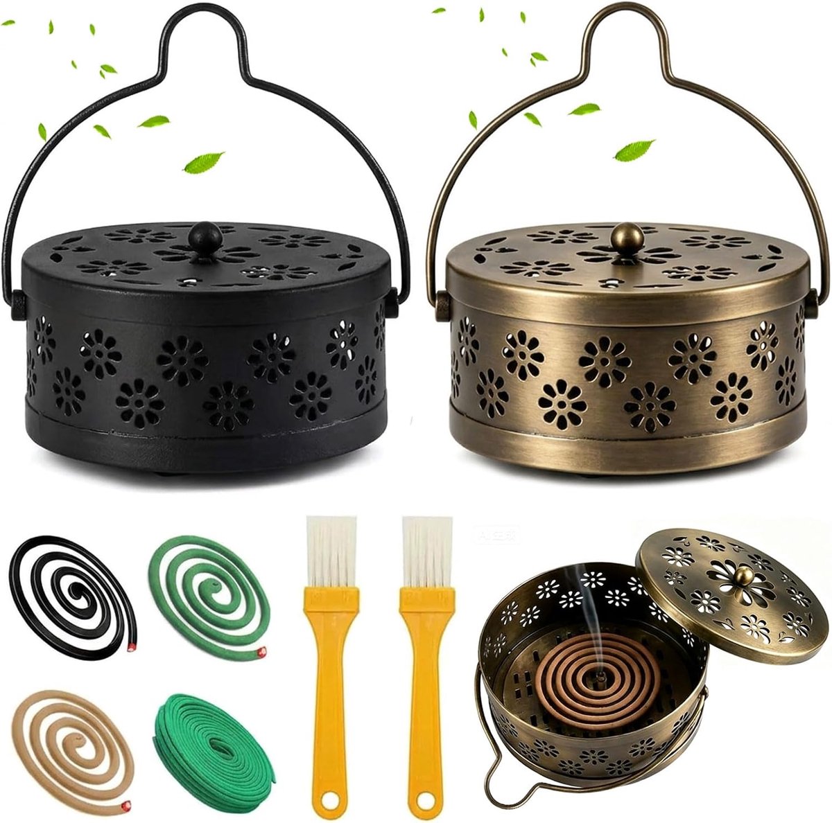 2 STKS Draagbare Mosquito Coil Houder - Metalen Wierookbrander met Deksel Handvat & Borstel voor Citronella Spoelen, Draagbare Spiraal Wierook Spoel Houder voor Outdoor Tuin Home, Brandwerende Wierook