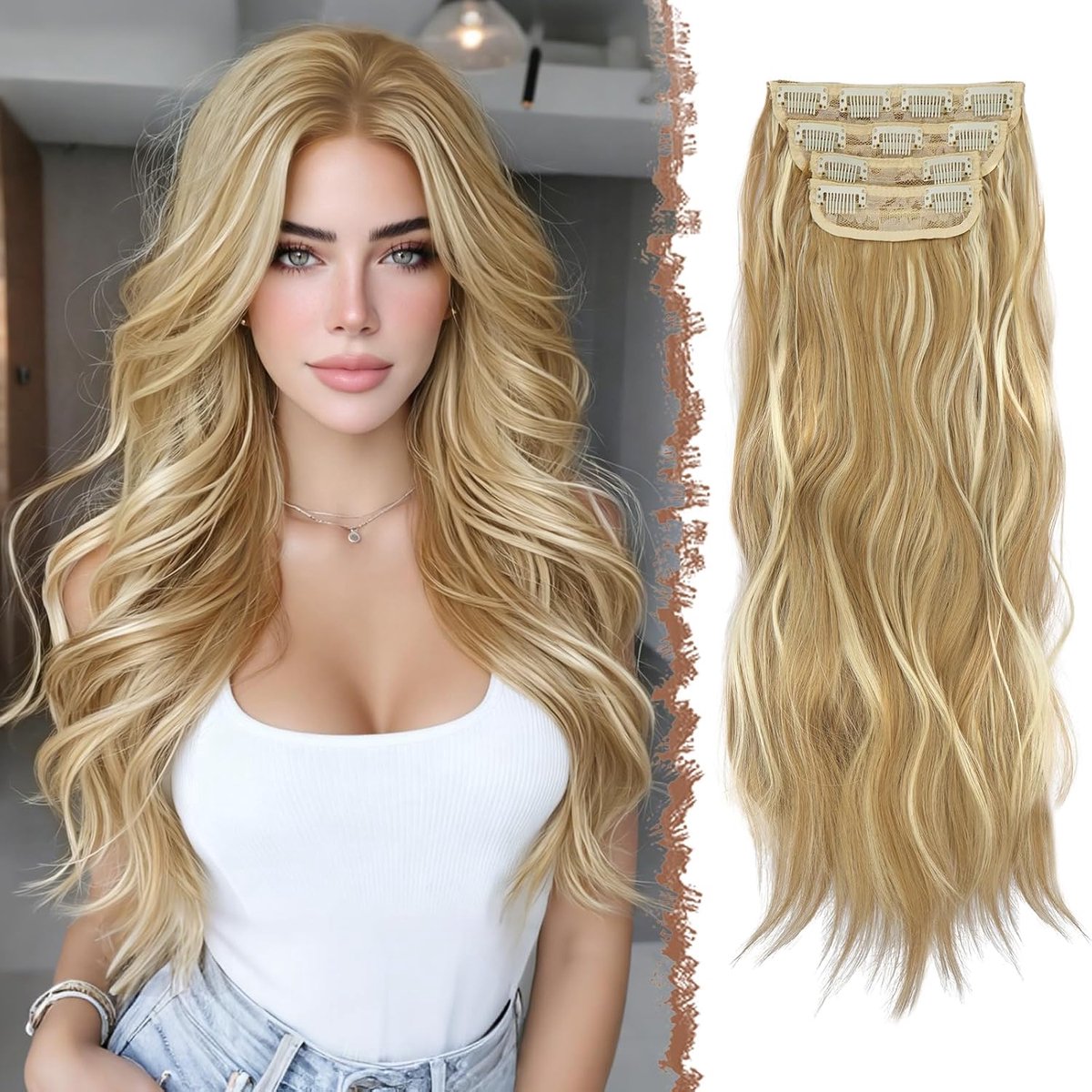 Haarextensies - 4 stuks Lange Golvende Clip in Haar Extensions Kunsthaar Haarverlenging voor Vrouwen, 50 cm Goudbruin met Blonde Highlights