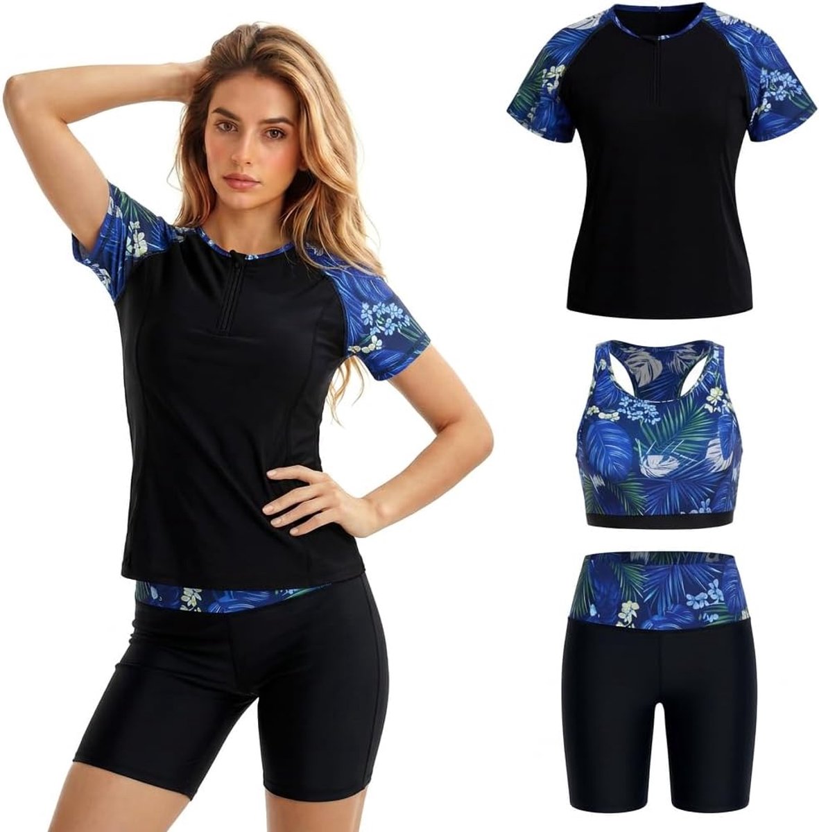 Rashguard Set voor dames, 3-delig, zwemshirt met korte mouwen met tanktop en zwembroek, sneldrogende zwemkleding met uv-bescherming voor strand, zwemmen, watersport