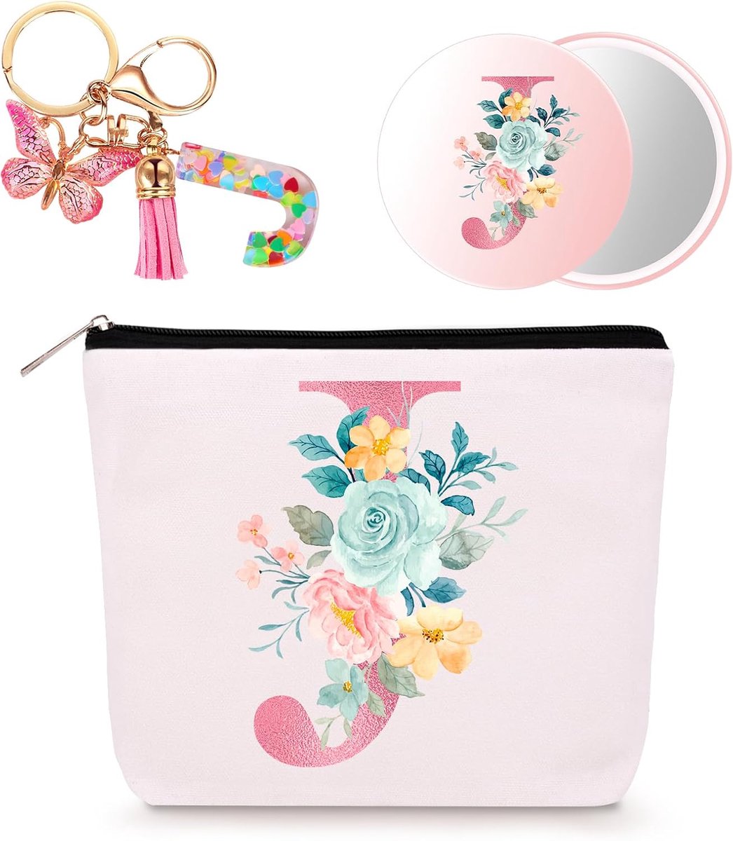 make-uptas voor vrouwen, Gepersonaliseerde Cadeaus (J) | verjaardagscadeau voor vrouwen, kerstcadeaus, Make-uptas met sleutelhanger en spiegel