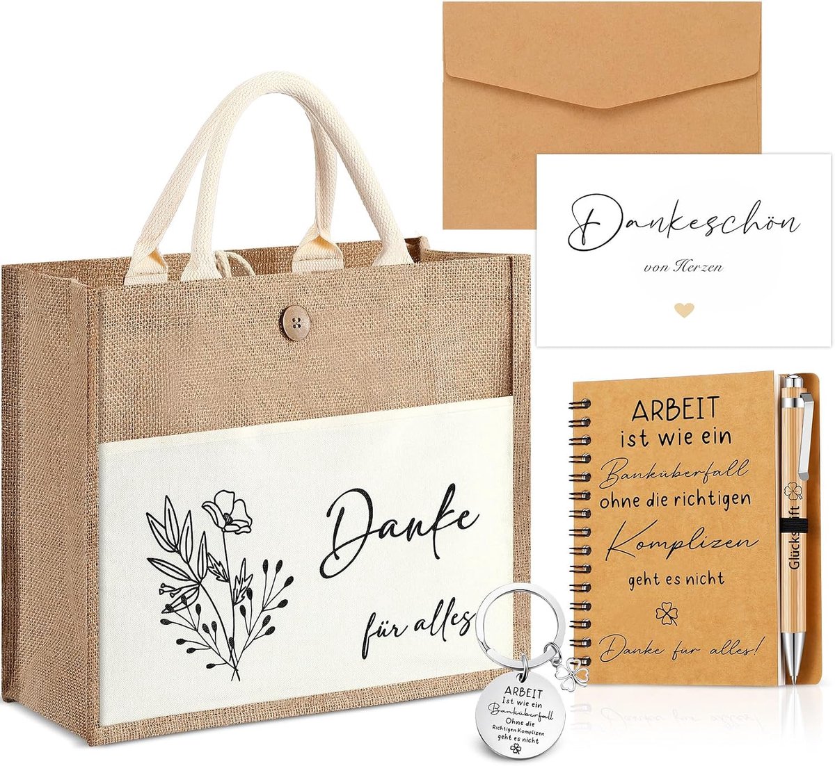 Collega-cadeau bedankgeschenk jute tas spiraal notitieblok houten balpen sleutelhanger met klavertje vier bedankkaart afscheid cadeau