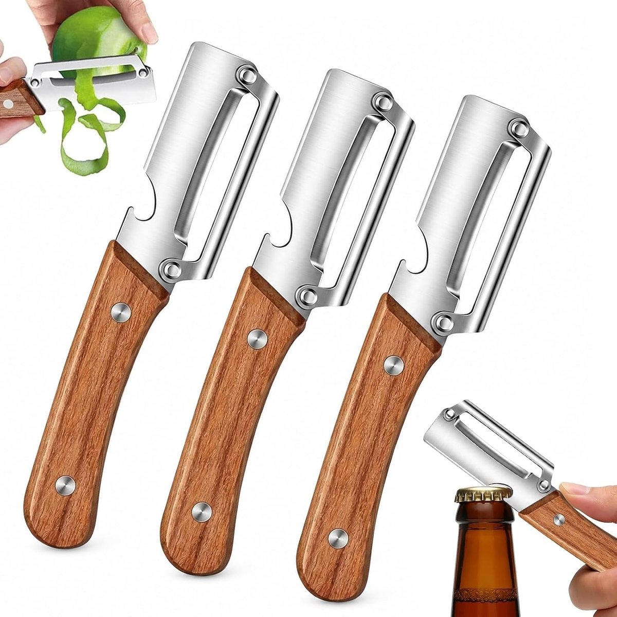 3 stuks multifunctionele dunschiller, 2-in-1 multifunctionele dunschiller, roestvrij staal, groenteschiller, aardappelschiller, met houten handvat, flesopener, voor de keuken, fruit, wortelen