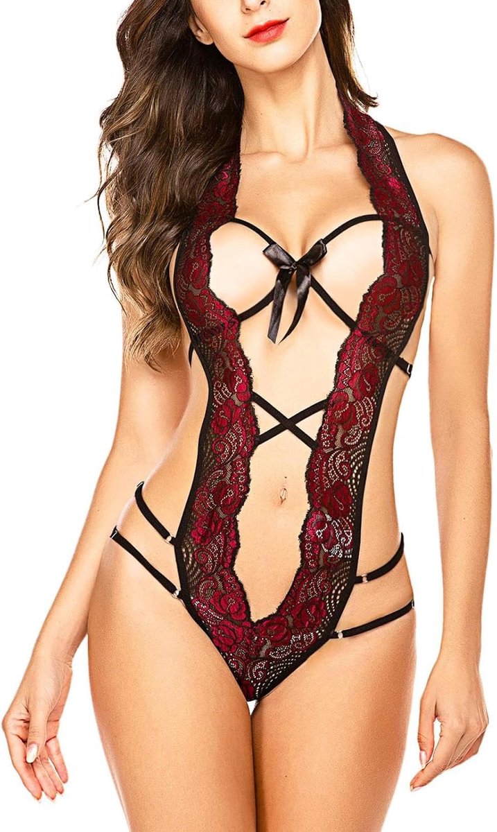 OutfitVrouwen seksualiteit leuke lingerie opengewerkte driepunts set, donkerrood, S