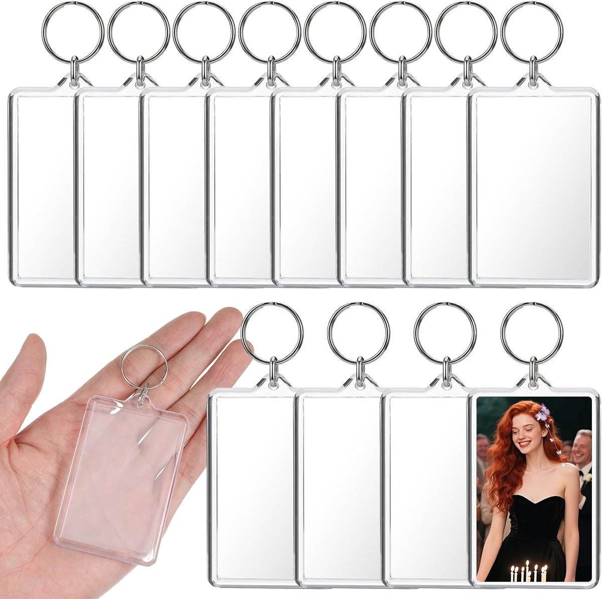 12 stuks acryl fotolijst sleutelhangers, transparante fotohouder sleutelhanger set met splitring, blanco acryl sleutelhanger blanks voor doe-het-zelf ambachten en gepersonaliseerde geschenken